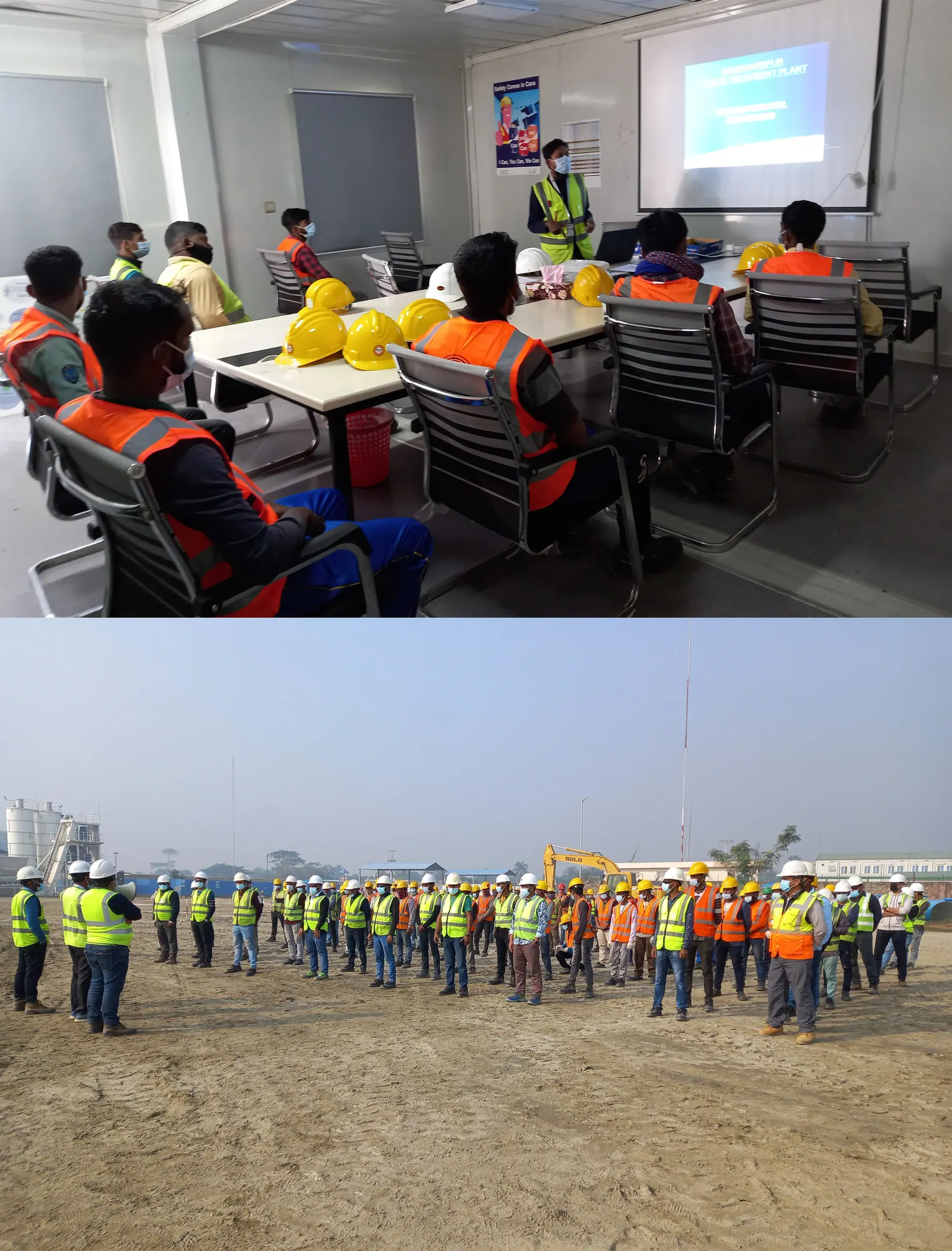 Two photos: workers in vests and helmets at an indoor EHS training session, and a toolbox talk on open ground